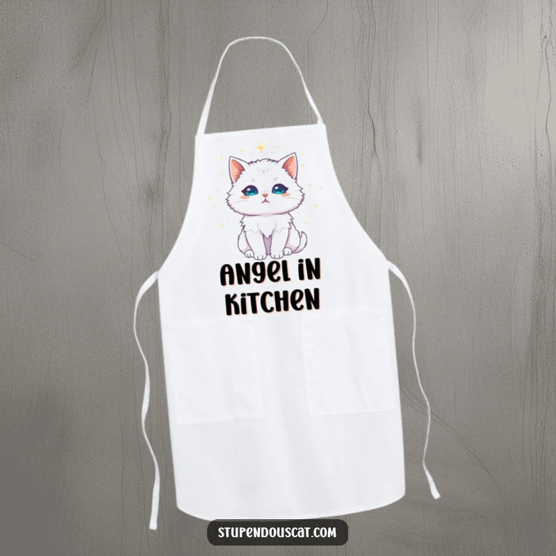 Funny white cat apron, majestic with a halo of shimmering stardust, a stylish and magical kitchen accessory.