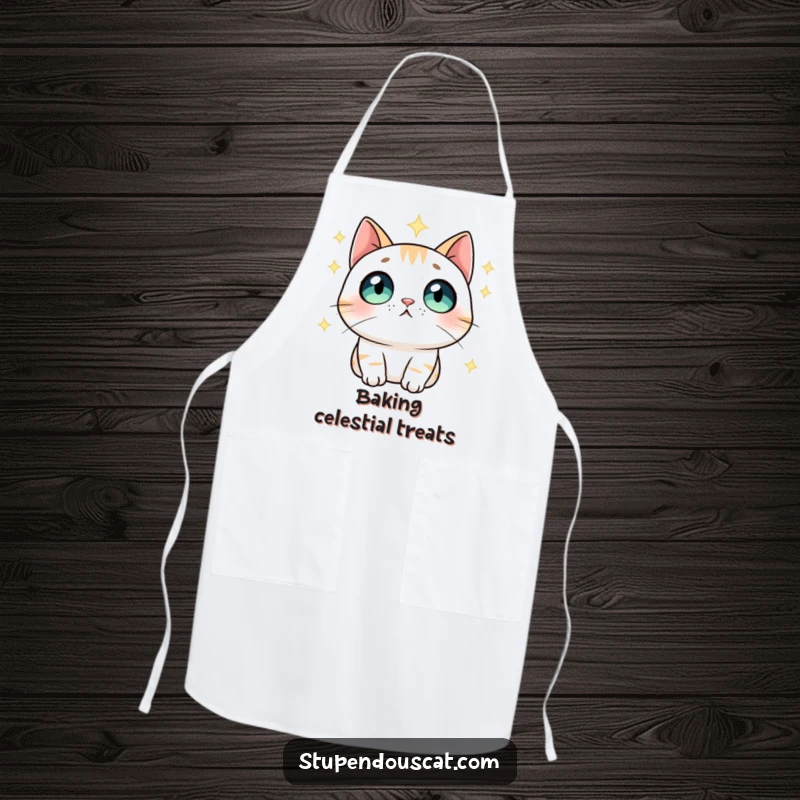 Funny Apron: A cat with wide, amazed eyes gazing at the stars, ready for cosmic culinary creations, full of wonder.