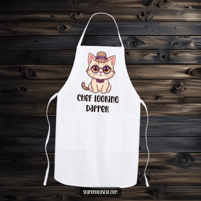 Funny Kitchen Apron with a distinguished cat wearing a monocle and top hat, perfect for classy cooks.