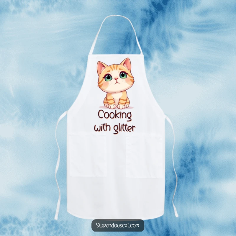 Funny cat apron showing a cat gazing with wide-eyed awe at a sparkling, shimmering object while cooking.