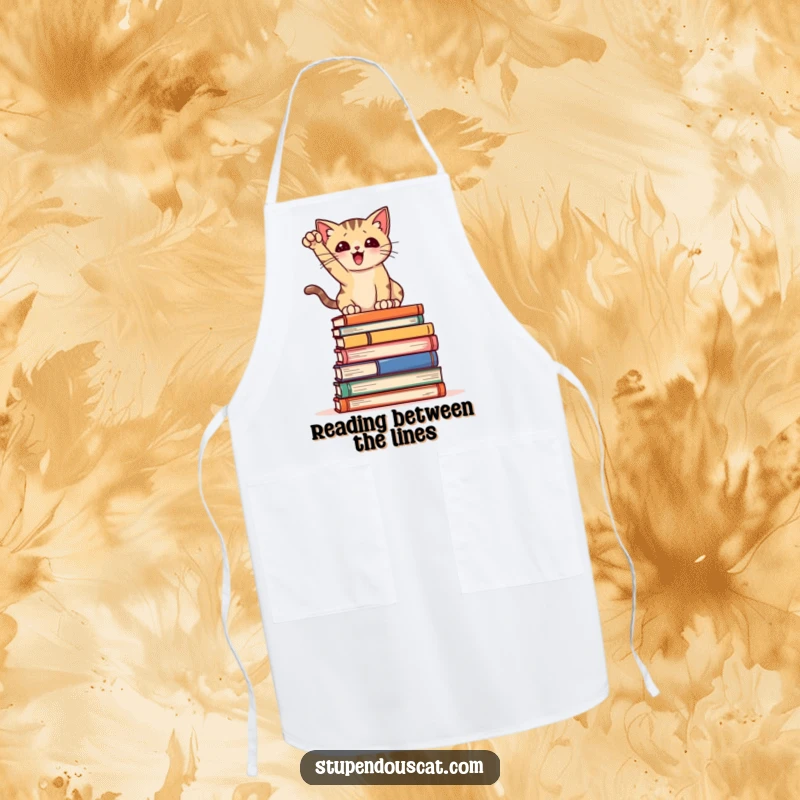 Funny Apron: A cat striking a pose on books, ready to whip up a literary feast in the kitchen, full of charm.