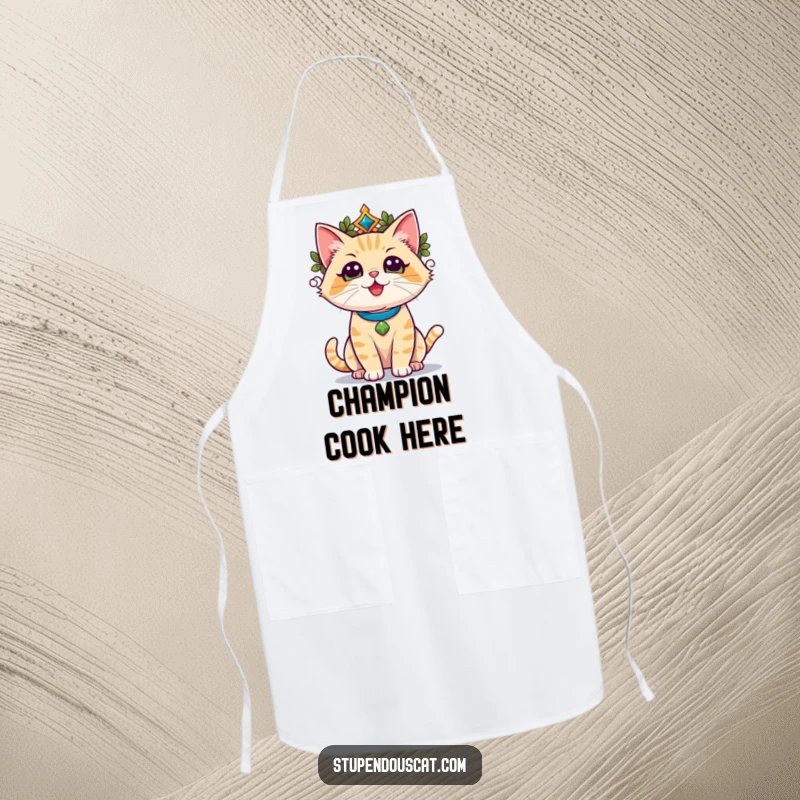 Funny champion cat wearing a laurel wreath, basking in triumphant glory, sporting an apron, ready to cook.