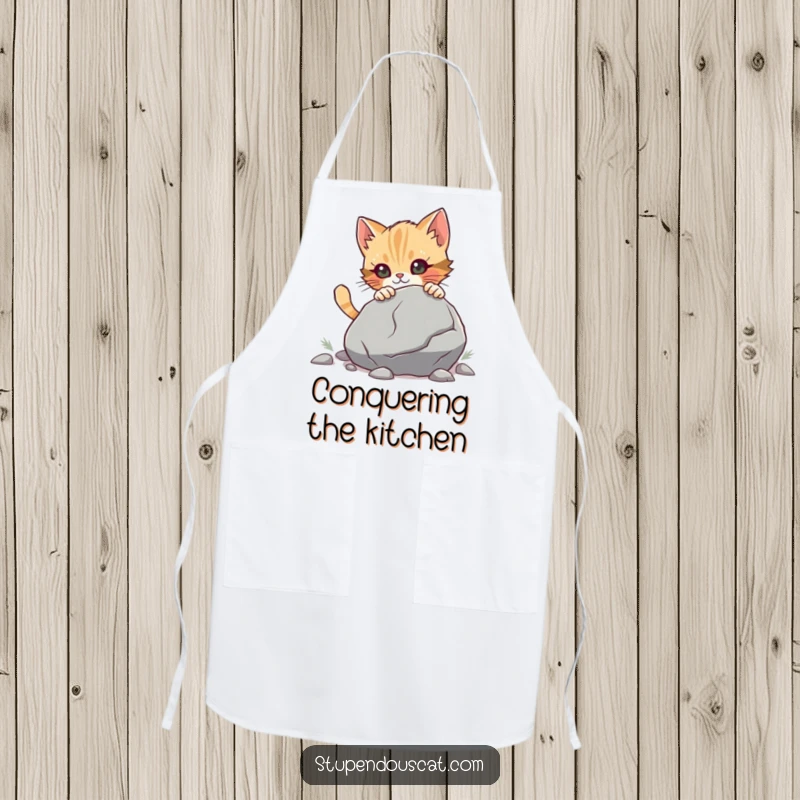 Funny Apron showing a determined cat cub pushing a large boulder, perfect for cooking with a side of resilient, humorous strength.