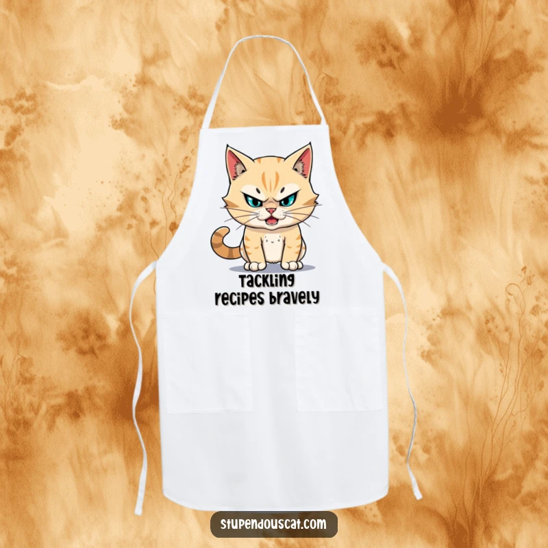 Funny fearless cat apron showing a cat with unwavering resolve facing a cooking challenge, looking stupendous and prepared.