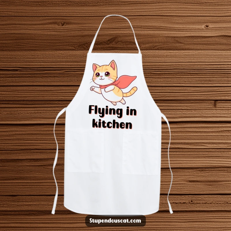 Funny Apron: A cat with a tiny cape heroically flies through the kitchen, keeping you clean with its bravery.