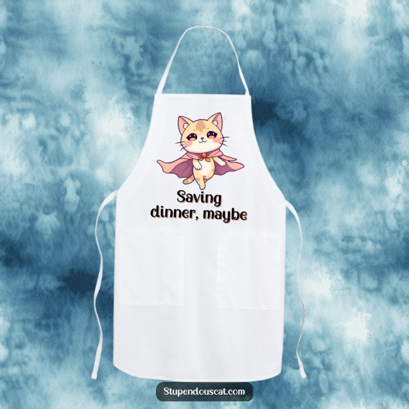 Funny apron with a majestic flying cat wearing a cape, ready to tackle the kitchen like a superhero. Ideal for cooking or baking.
