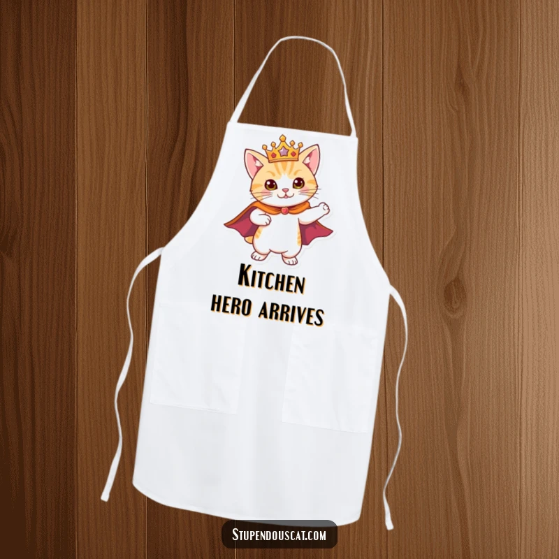 Funny Kitchen Apron with a heroic cat wearing a cape and crown, striking a pose, perfect for mighty chefs.