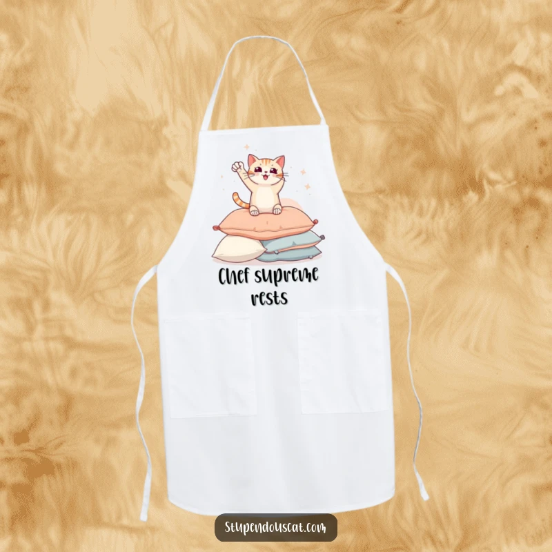 Funny apron with a triumphant cat striking a heroic pose on a pile of pillows, perfect for a humorous cooking experience.