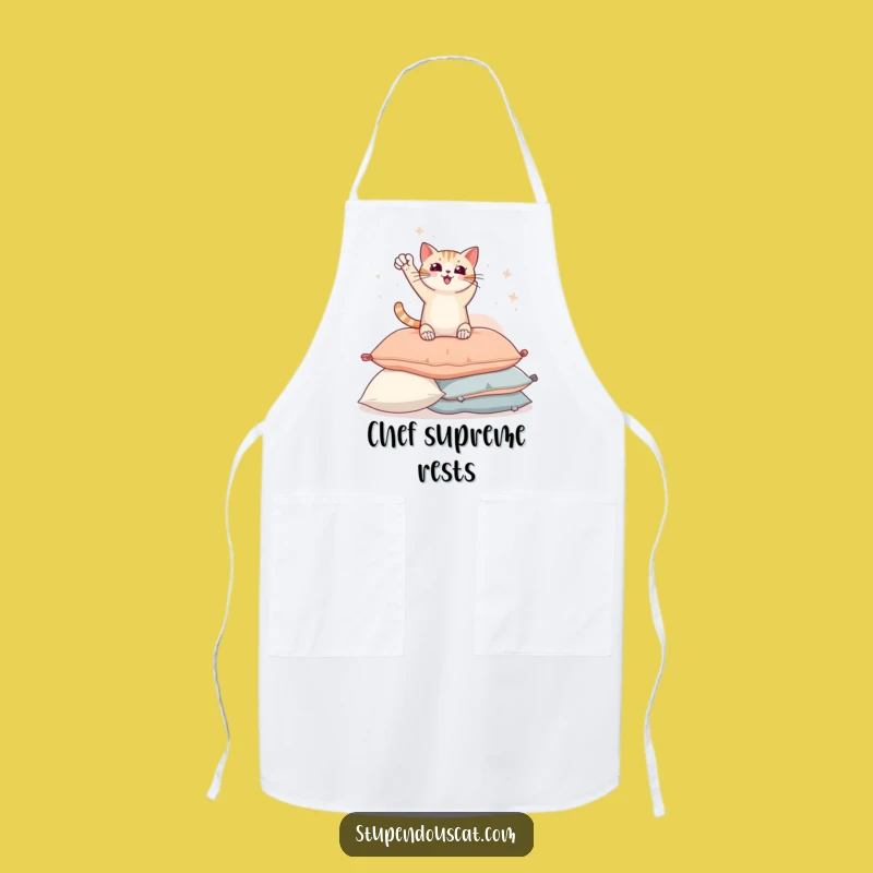 Funny Heroic Cat Pillow Pose Apron - Hilarious Kitchen Wear for Victorious Chefs