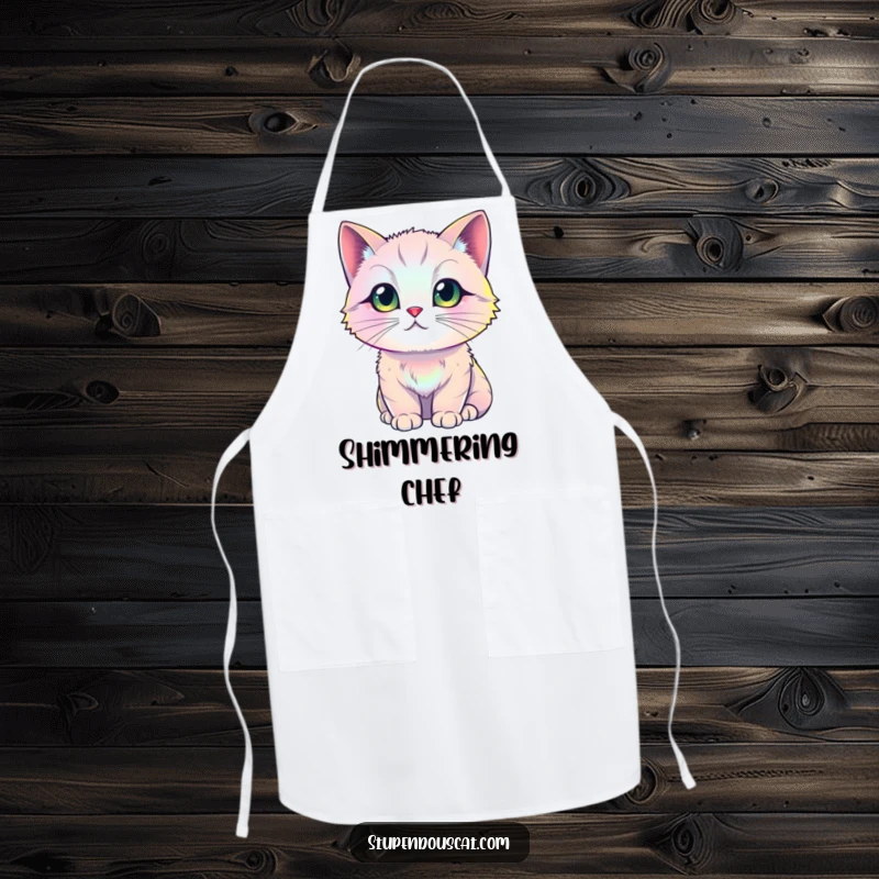 Funny iridescent cat apron, depicting a cat with rainbow-like shimmering fur, bringing vibrant humor and style to the kitchen workspace.