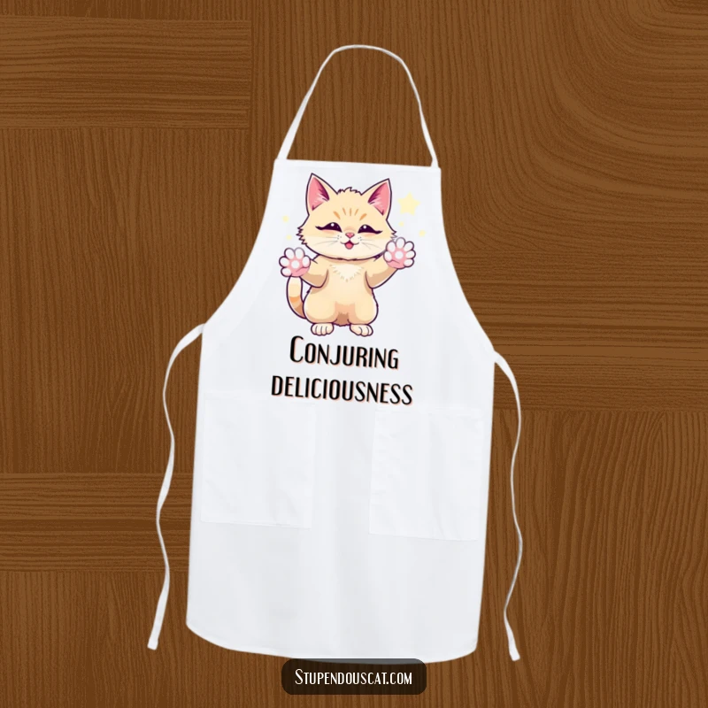 Funny apron showing a magical cat conjuring sparkling energy from its paws, looking awe-inspiring and mystical while cooking.