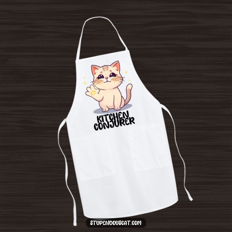 Funny apron with a magical cat casting a sparkling spell with its paw, ideal for a humorous and enchanting kitchen experience.