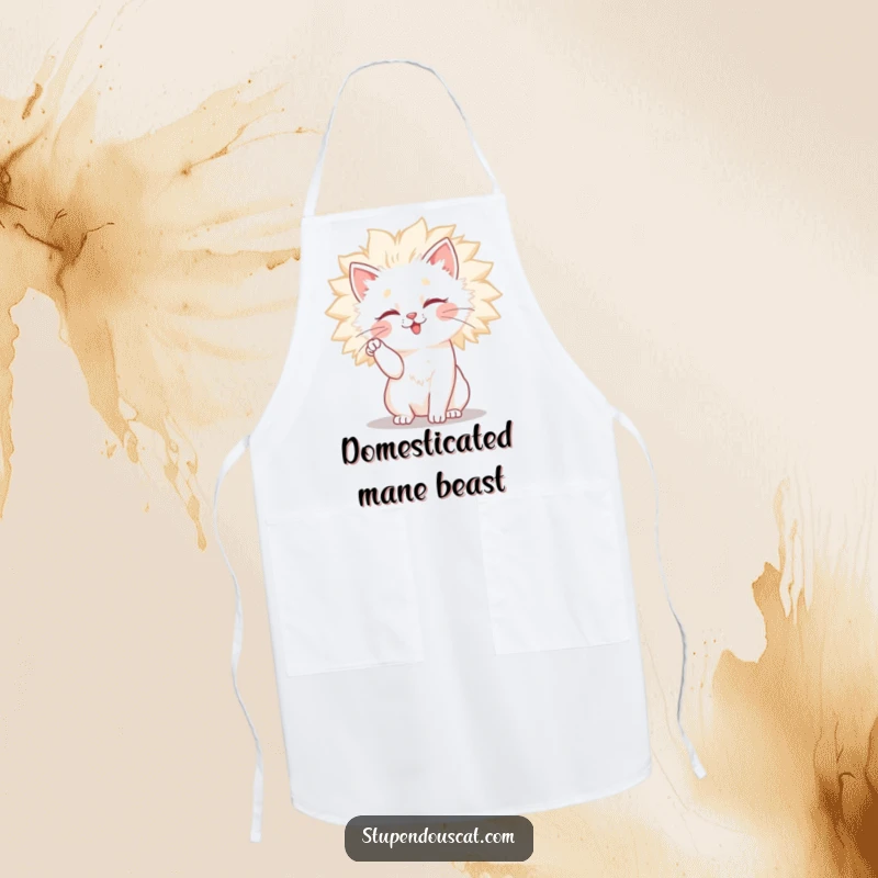 Funny cat apron showing a cat comically attemptimg to style its wild, fluffy mane while cooking, blending kitchen fun with pet humor.
