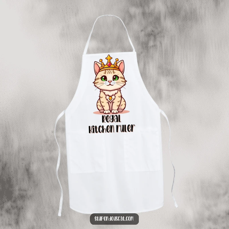 Funny apron showing a regal cat in a golden crown confidently surveying its domain, ready to take charge of the kitchen.
