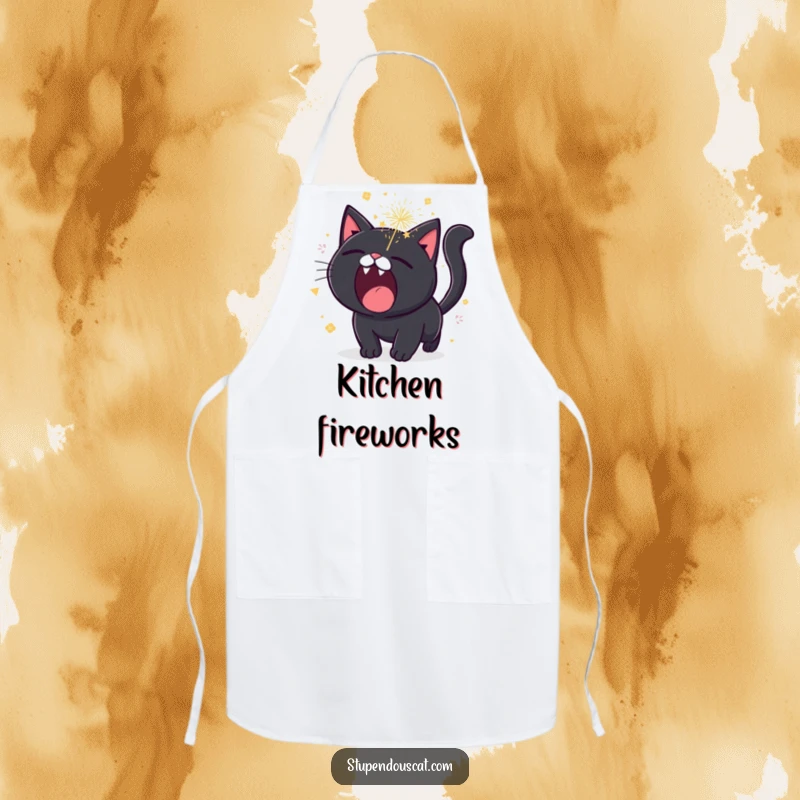 Funny black cat apron, roaring with tiny, sparkling fireworks erupting, an explosive and practical kitchen accessory.