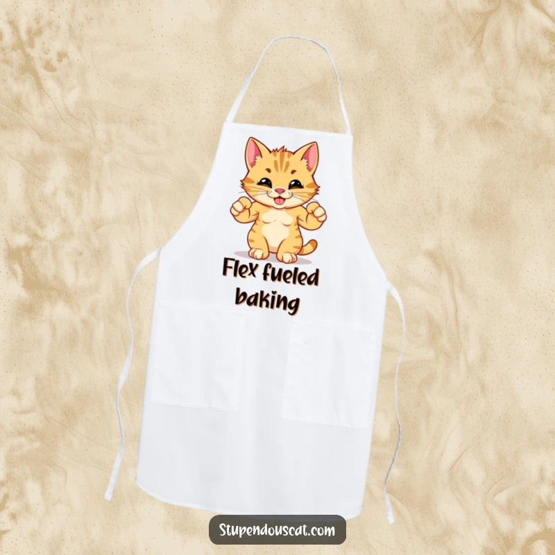 Funny apron showing a determined cat cub flexing its small muscles, ready for kitchen duty with humorous flair.
