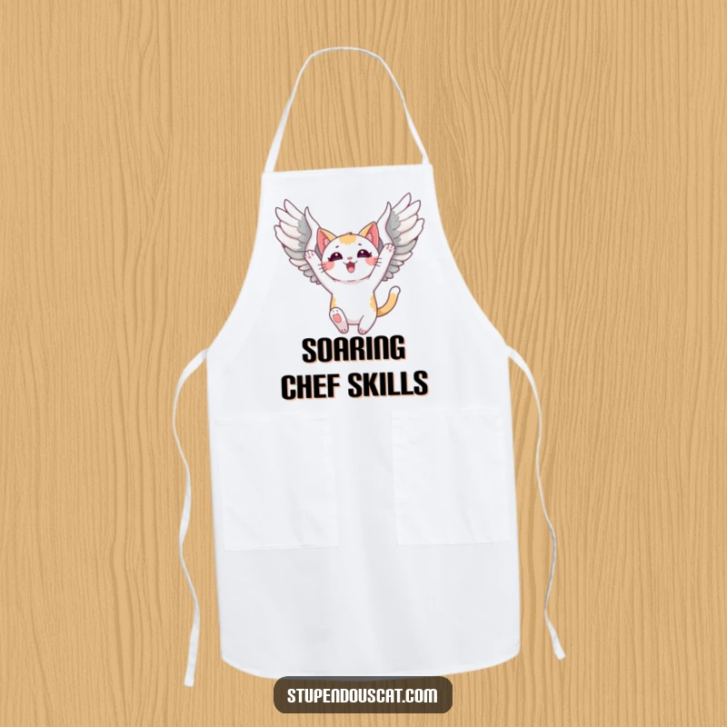 Funny Apron showcasing a triumphant cat with unfurled wings soaring high, ready to bring grace and victory to the kitchen.
