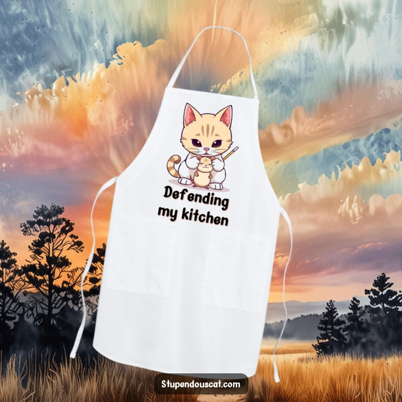 Funny apron showing a valiant cat protectively guarding a small toy mouse, adding a heroic touch to cooking, a practical and funny gift.