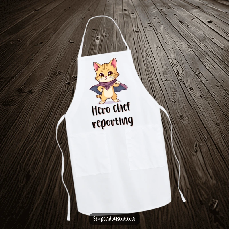 Heroic Cat Cub Cape Apron: A charming apron with a proud cat cub in a cape, ready for culinary missions.
