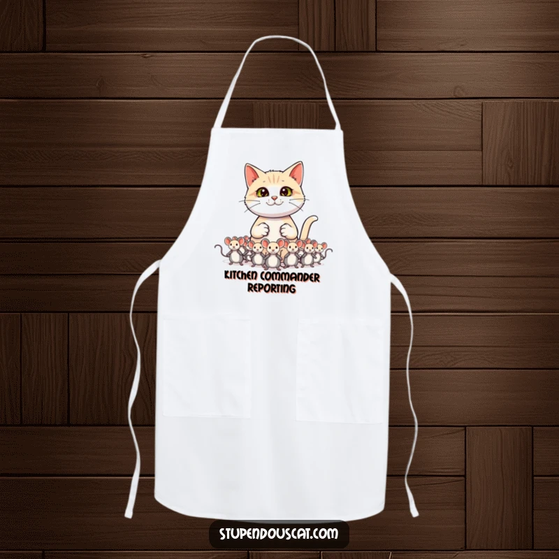 Funny cat apron showing a cat general commanding toy mice in a kitchen setting.