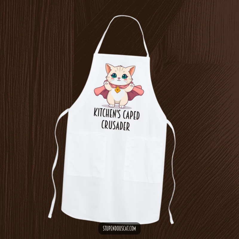 Funny apron showing a magnificent cat unfurling a majestic cape, ready to cook with heroic flair, a practical and funny gift.