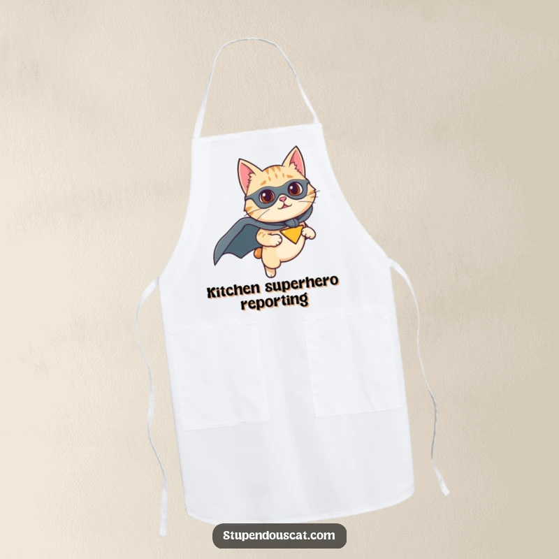 Funny apron with a cat wearing a superhero cape and flying with determination, perfect for cooking with heroic humor, a unique gift.