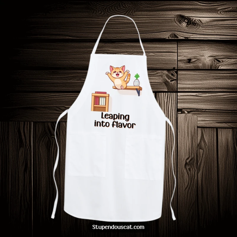 Funny cat apron showing a cat performing a bold leap from a high shelf, ready for kitchen action.