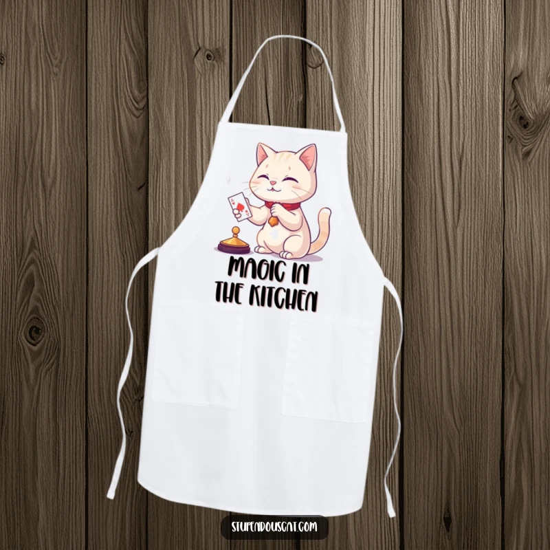 Funny cat magician apron, a cat in a chef hat creating a playing card with culinary magic, adding humor to the kitchen.
