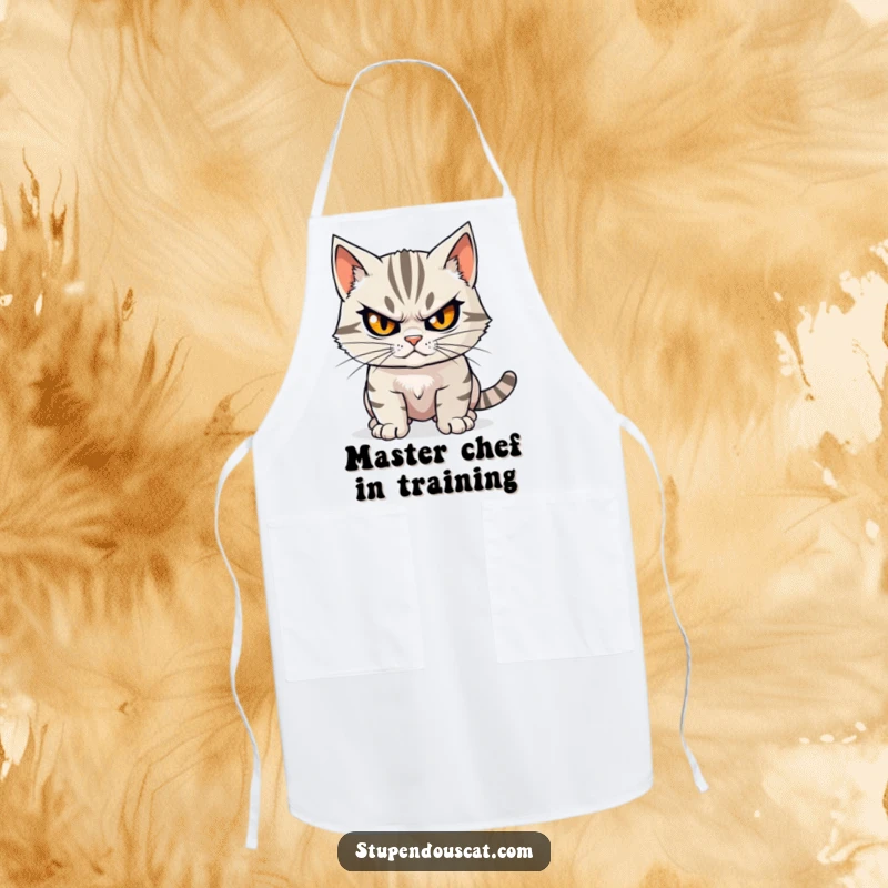 Funny determined cat apron showing a focused cat with a steely gaze, ready for kitchen feats, a humorous and practical gift.