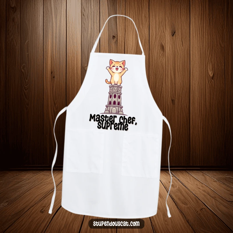 Funny Triumphant Cat Apron: A humorous apron featuring a cat standing triumphantly atop an impossible culinary structure.
