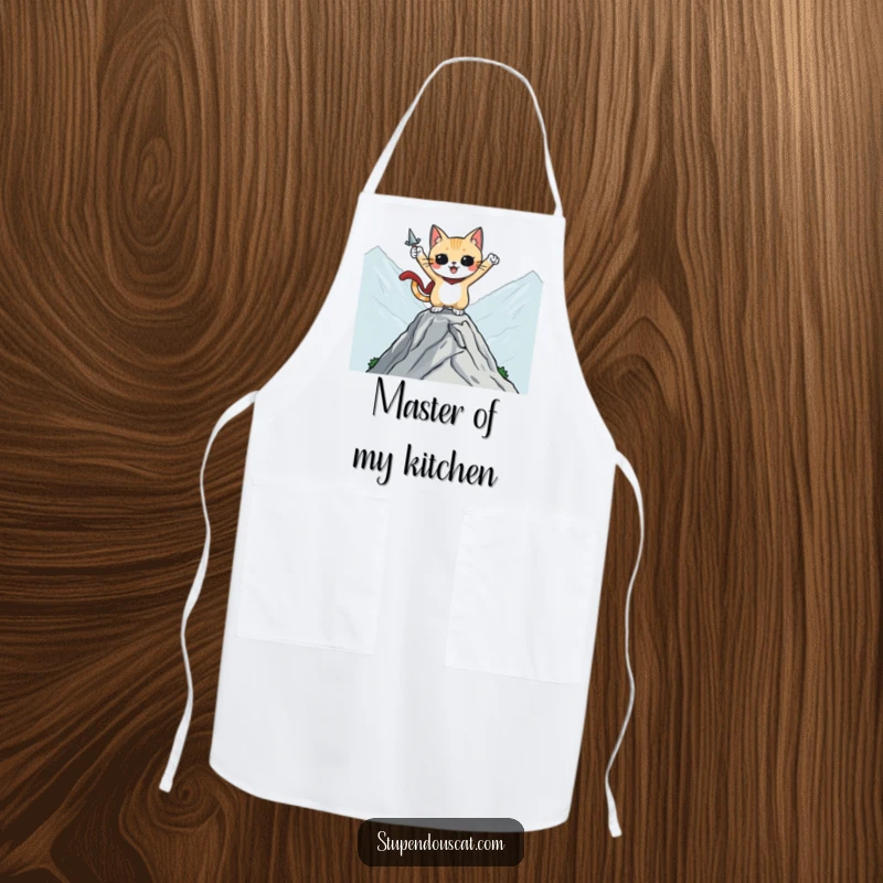 Funny apron showing a heroic cat character striking a pose on a mountaintop, ideal for kitchen adventures and humor.