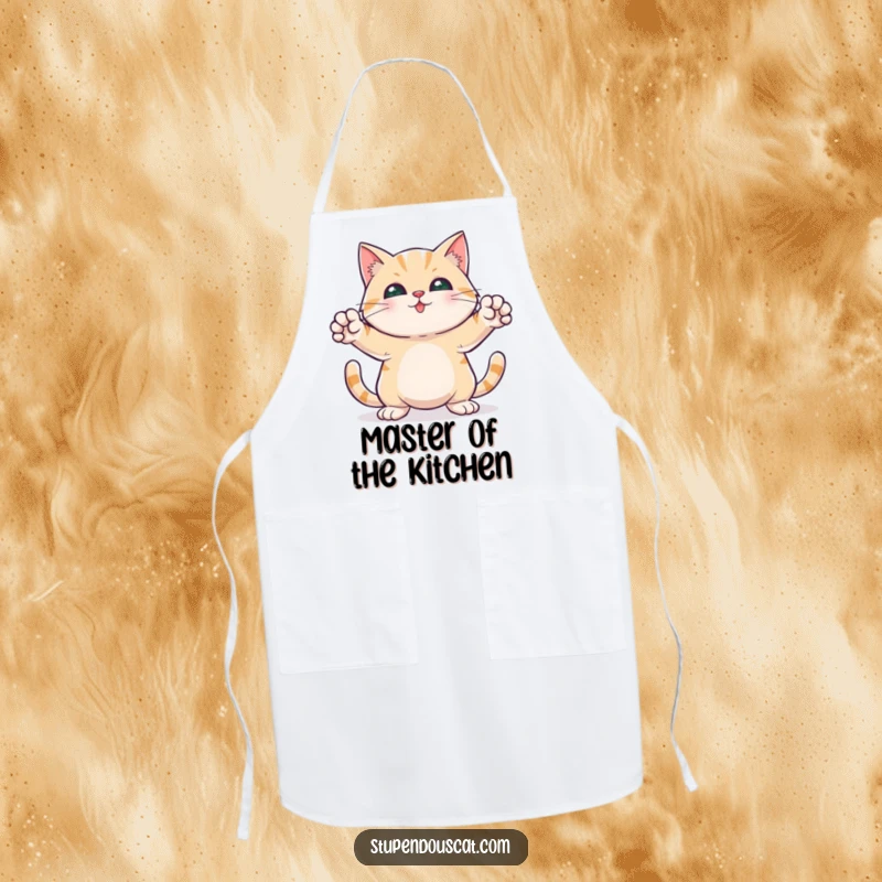 Funny apron with a heroic cat standing ready, front paws outstretched, perfect for kitchen protection and humor.