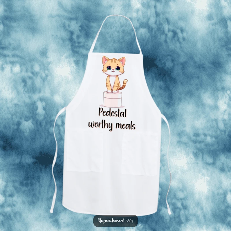 Funny apron showcasing a confident cat cub standing on a pedestal, bringing humorous authority to the kitchen.