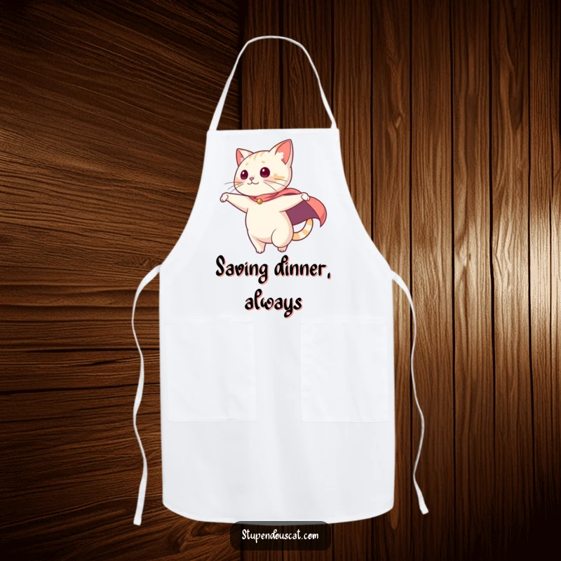 Funny Apron: A cat with a dramatic cape swooping, ready for kitchen adventures with heroic feline flair.
