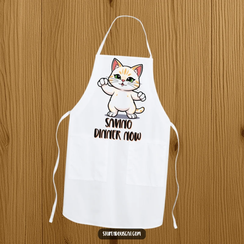 Funny apron featuring a heroic cat in a confident, ready-to-act stance, perfect for kitchen adventures with a humorous, brave spirit.