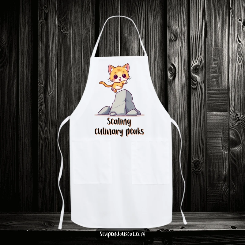Valiant Cat Cub Leap Apron: A charming apron with a brave cat cub leaping over an obstacle, ready for kitchen challenges.