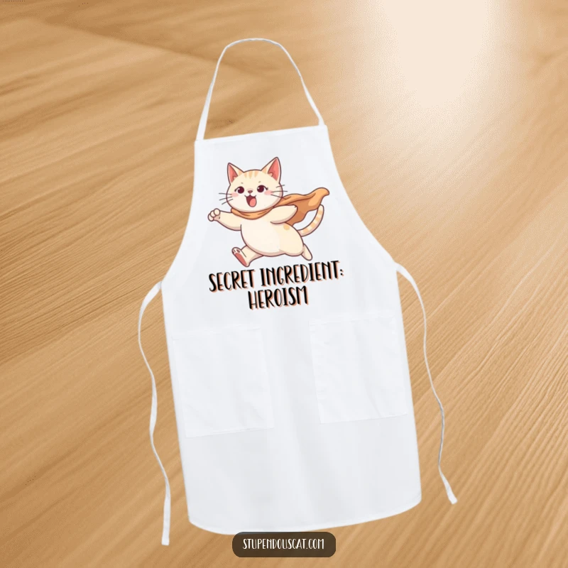 Funny apron depicting a determined cat hero leaping into the kitchen, cape billowing, ready for culinary action.