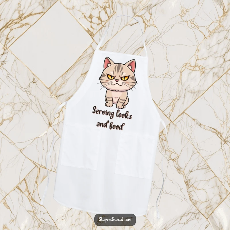 Funny apron: A smug cat with narrowed, twinkling eyes strikes a dramatic pose, ready to conquer the kitchen with style.
