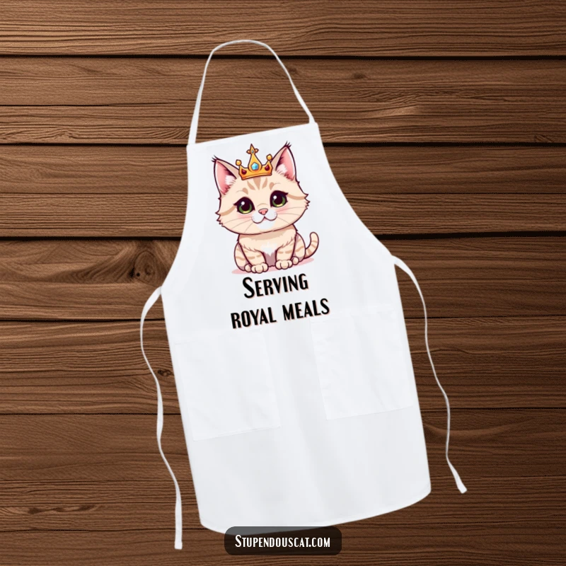 Funny apron with a majestic cat wearing a small, sparkling crown, adding regal humor to your culinary adventures.