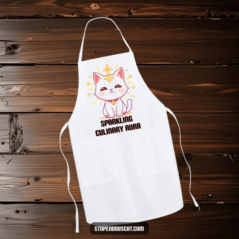Funny Apron showcasing a radiant cat decorated with glowing celestial symbols, bringing cosmic sparkle to any culinary task.