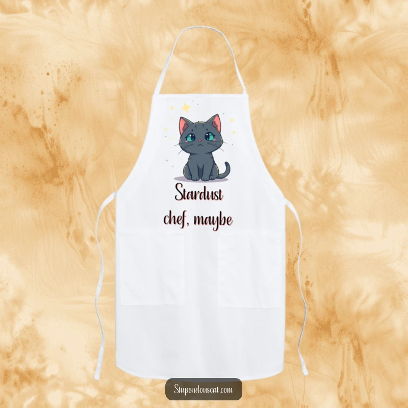 Funny apron depicting a mysterious cat gazing at a starry night sky, bringing cosmic flair to cooking, a practical and funny gift.