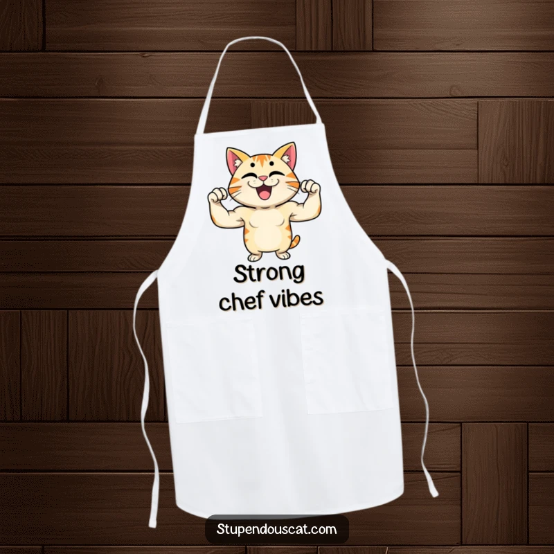 Funny apron showing a proud cat character flexing its muscles with a grin, ideal for kitchen activities and humor.