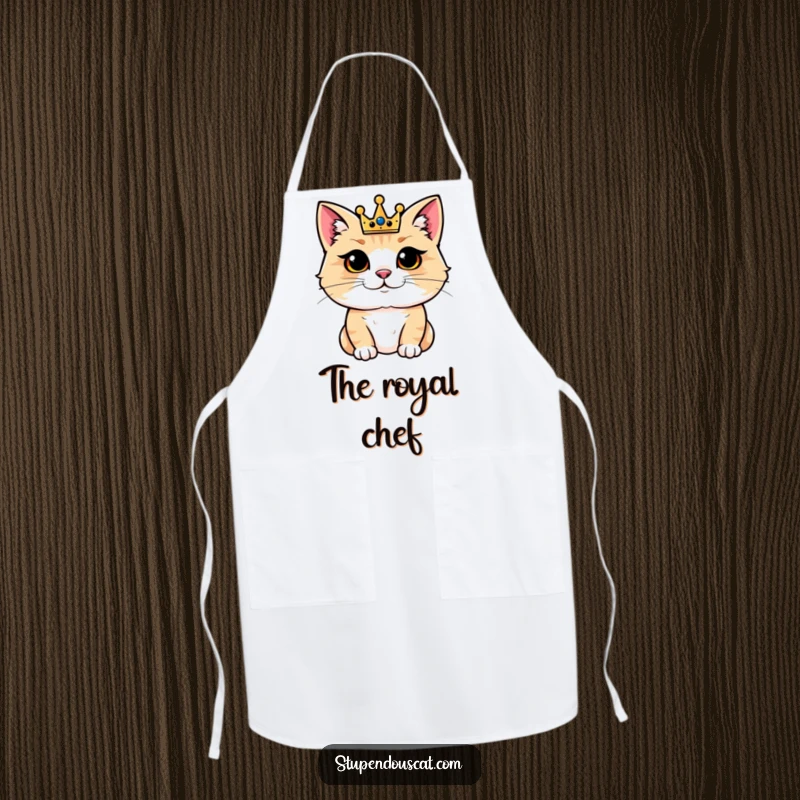 Funny apron with a regal cat wearing a tiny crown, looking pleased while overseeing kitchen duties. Ideal for chefs.