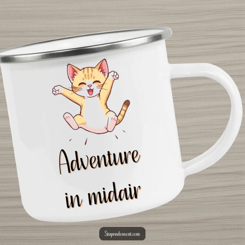 Funny Camping Mug with a dynamic cat cub performing a mid-air flip, perfect for outdoor activities and enjoying drinks with humorous energy.