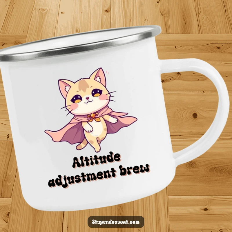 Funny camping mug showing a majestic cat with a cape flying heroically, perfect for outdoor enthusiasts and coffee lovers.