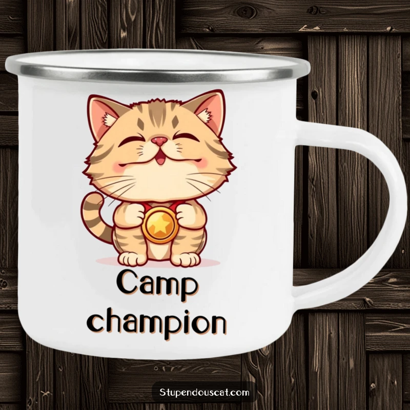 Funny Camping Mug: A stupendous cat proudly shows off a shiny medal, ready to hold your favorite camp beverage.