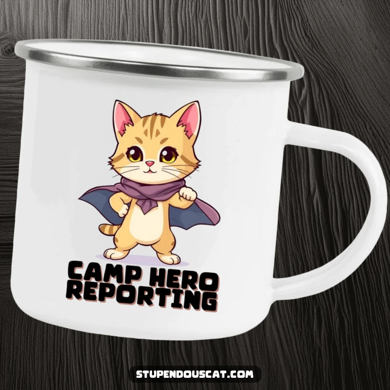 Heroic Cat Cub Cape Camping Mug: A rugged mug with a proud cat cub in a cape, perfect for heroic outdoor moments.