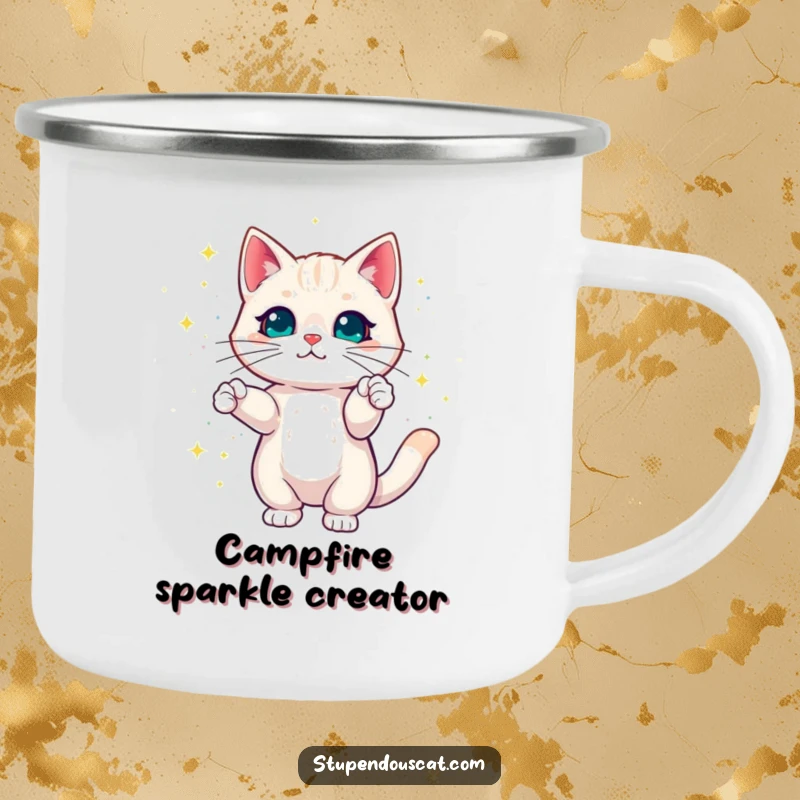 Funny Cat Camping Mug with a cat creating dazzling colorful magic sparkles, perfect for magical campfires and gifts.