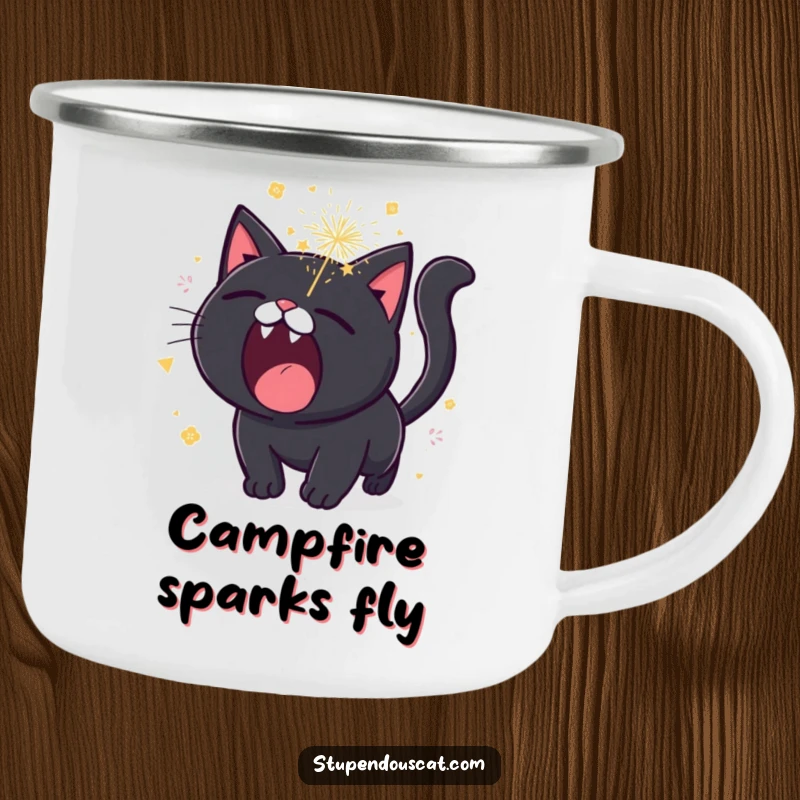 Funny black cat camping mug, roaring with tiny, sparkling fireworks erupting, a durable cup for explosive outdoor enjoyment.
