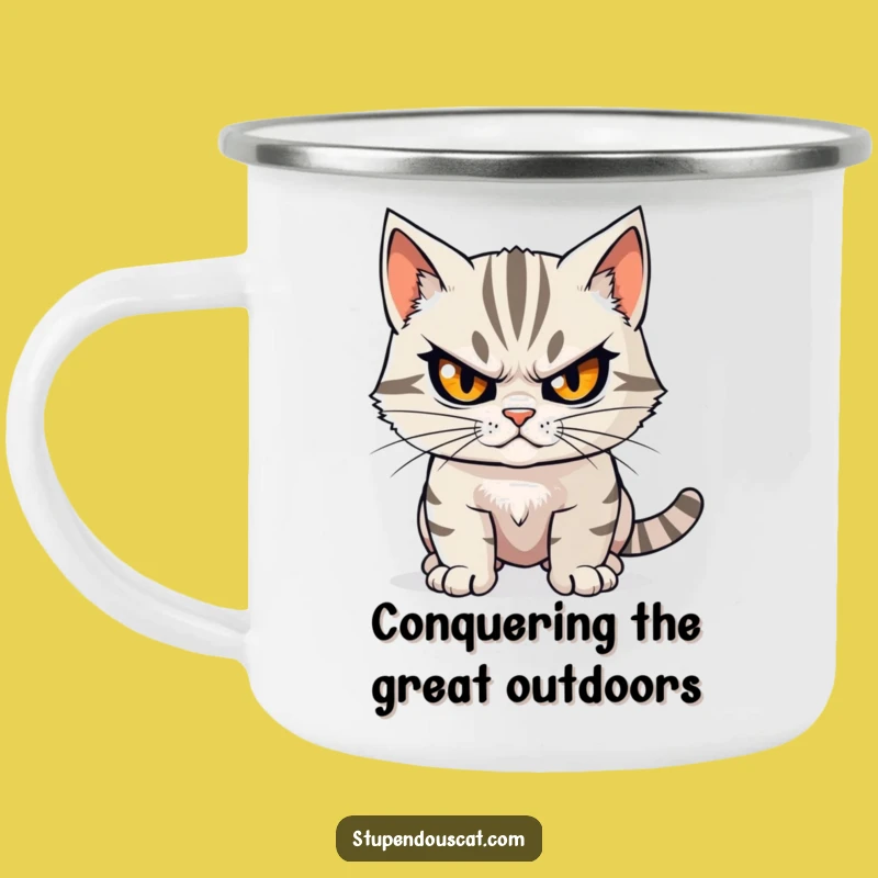 Funny Determined Cat Camping Mug: Adventure Fuel for the Focused